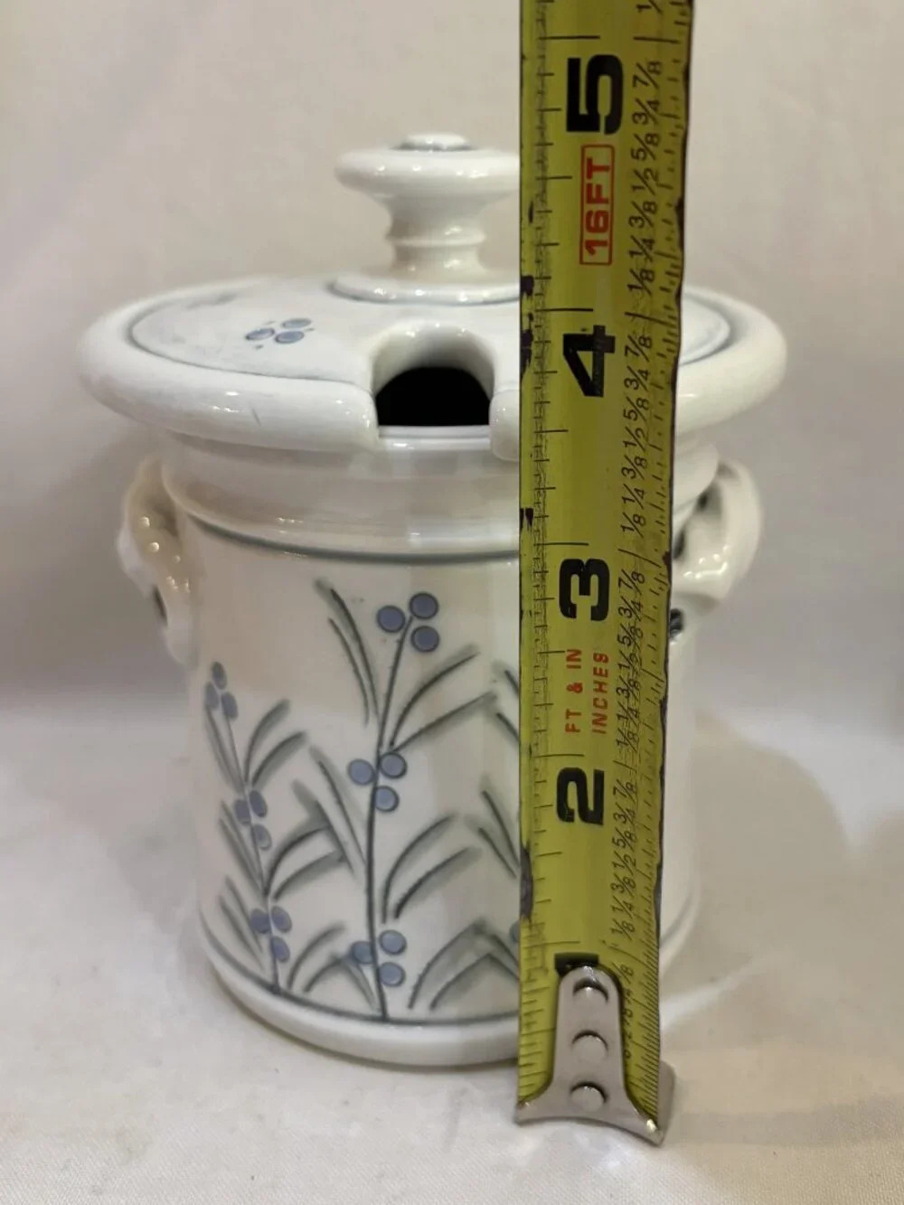 Hand Crafted Pottery Lidded Jam Condiment Jar Hand Painted Blue Berry Stamped